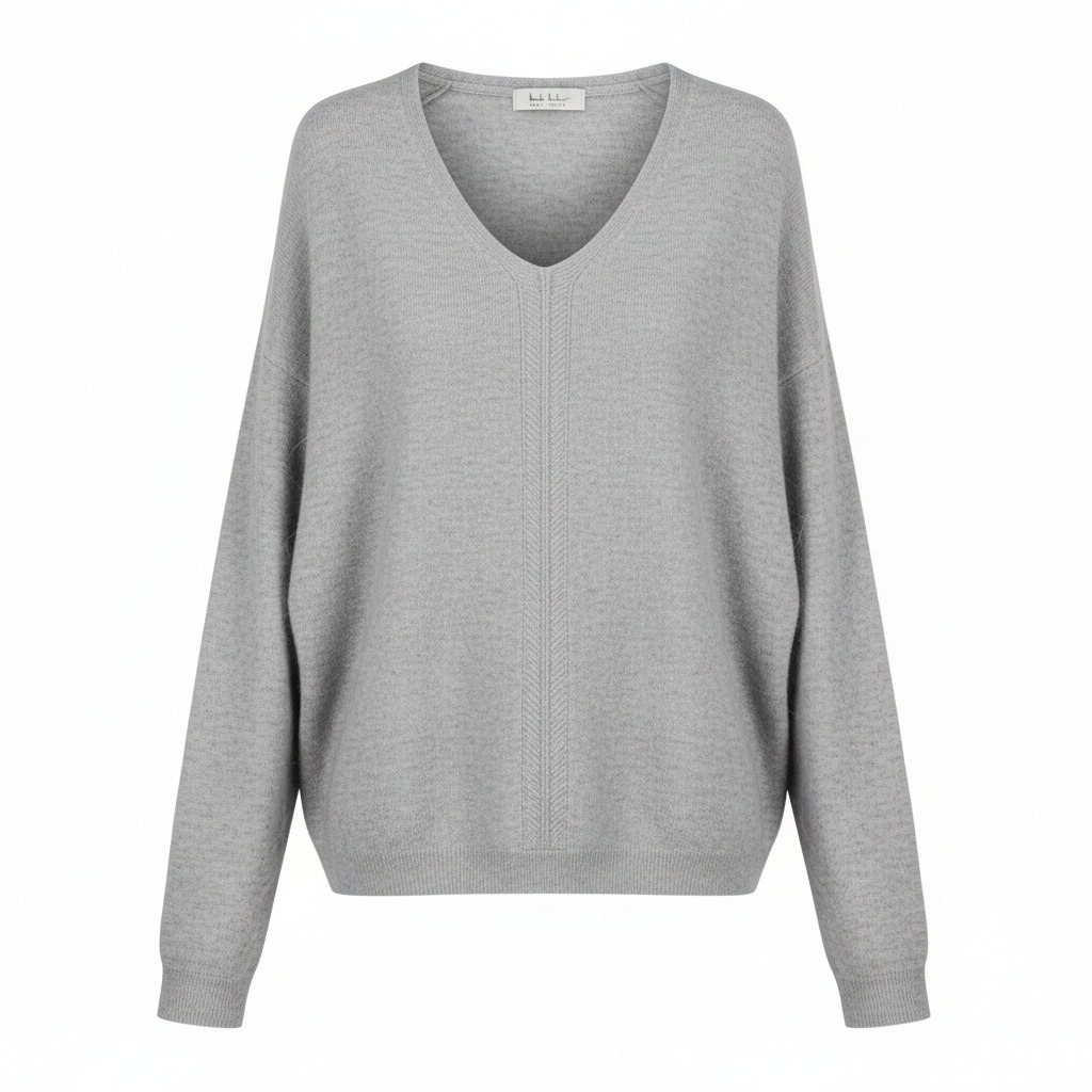 Nicole Miller New York 100% Cashmere V-Neck Sweater Gray Pointelle Detail Large